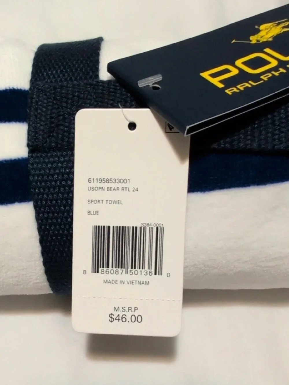 Ralph Lauren White Towel with Embroidered Tennis Bear in Navy and Orange